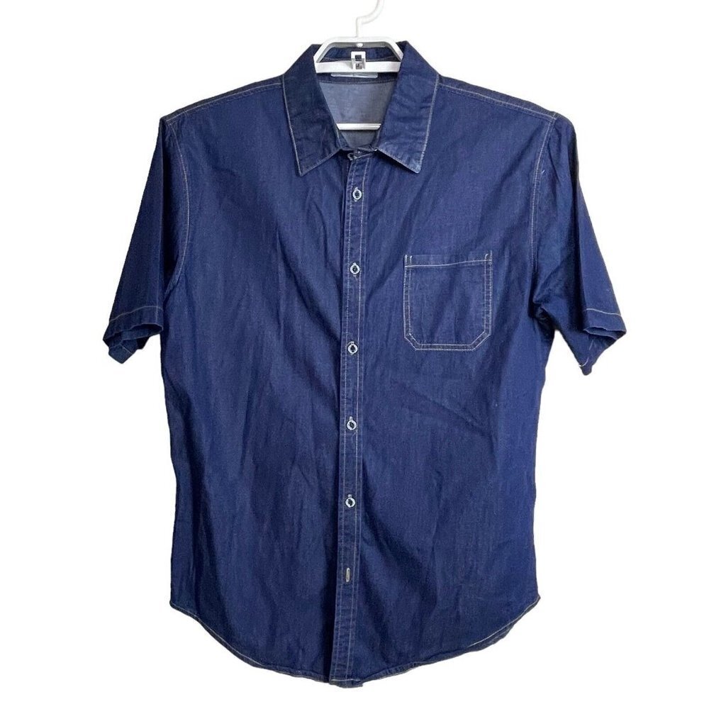 PJ Paul Jones Men's Size L‎ Blue Button Front Vintage Denim Short Sleeves Shirt